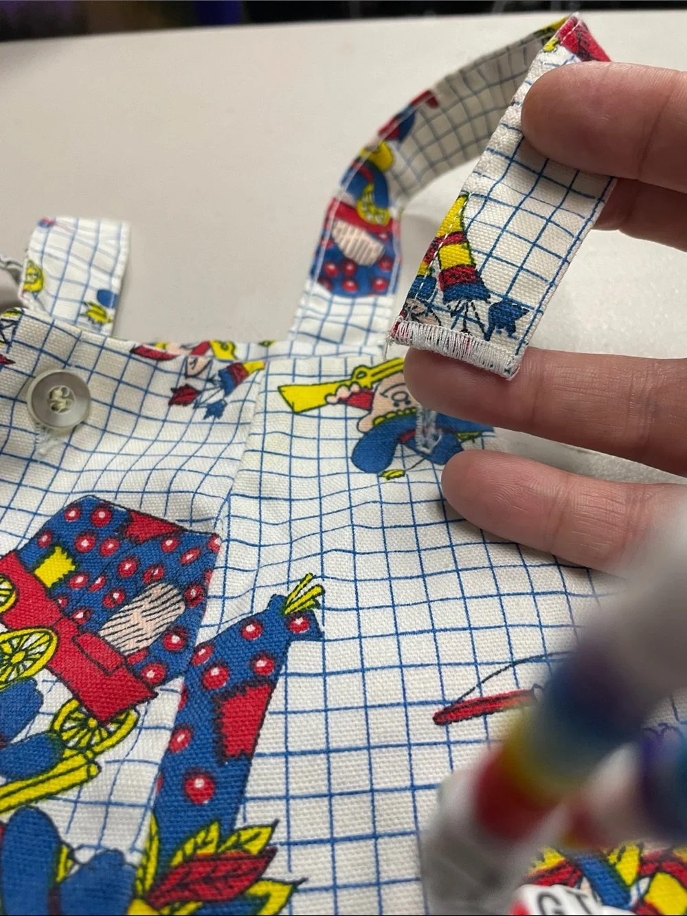Vintage Kids White Grid Pattern One-Piece Bodysuit with Colorful Cartoon Print
